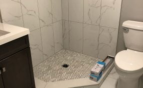 Bathroom Reno Herringbone Shower Floor and Large Format Tiles